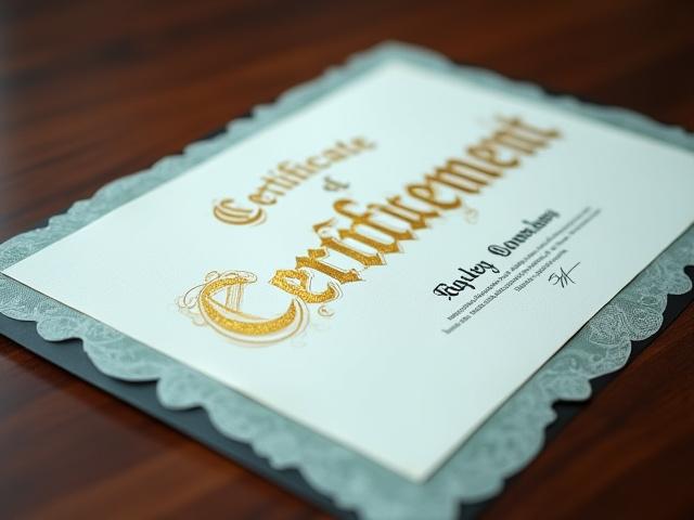 A formal certificate of achievement in golden calligraphy on deckle edge paper