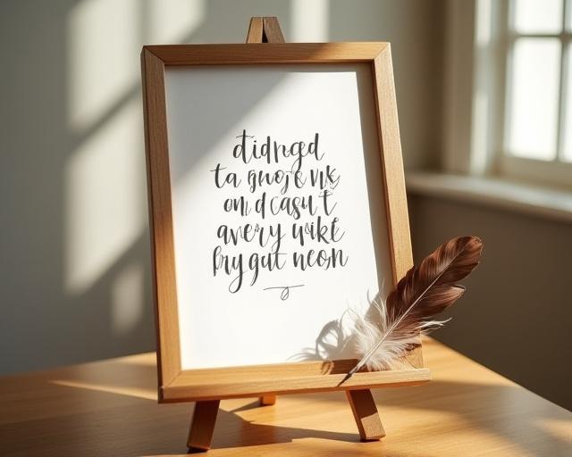 Framed calligraphy quote on handmade paper.