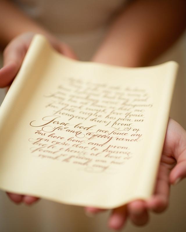 Wedding vows meticulously calligraphed on parchment.