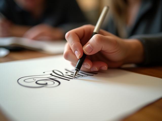 Close-up of a student's calligraphy work during a workshop.
