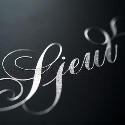 Close-up of elegant Spencerian script on dark paper with white ink