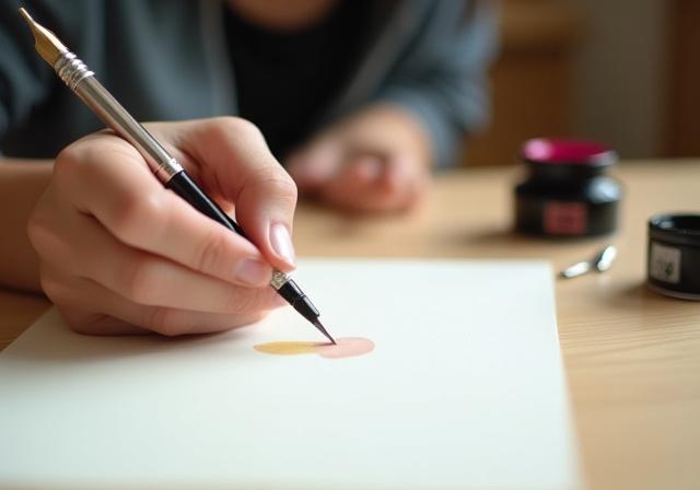 Close-up of a hand holding a calligraphy pen on a workshop table