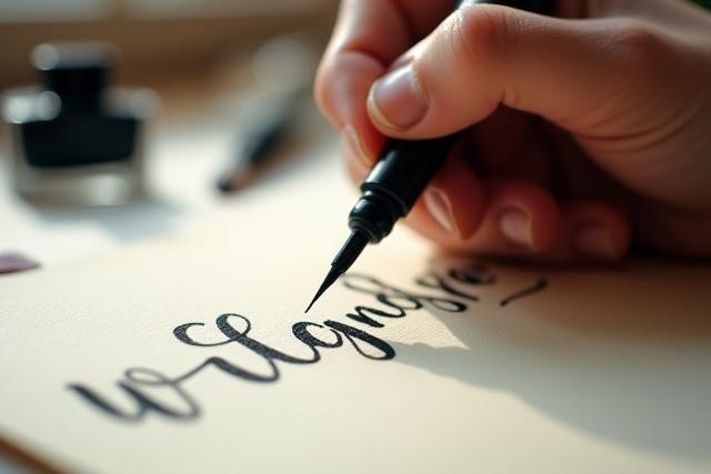 A hand writing modern calligraphy on paper with a brush pen